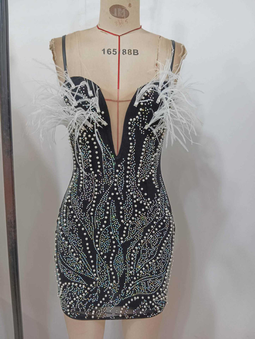 Zenobia Pearl-Embellished Deep V-Neck Backless Mini Dress