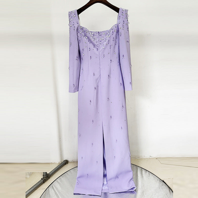 Flowering Girl Women purple square neck long sleeve nail bead diamond maxi dress