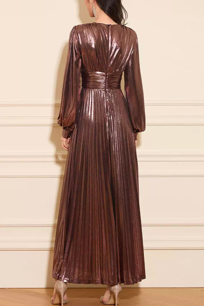 Nora Metallic Brown V-Neck Long Sleeve Pleated Maxi Dress
