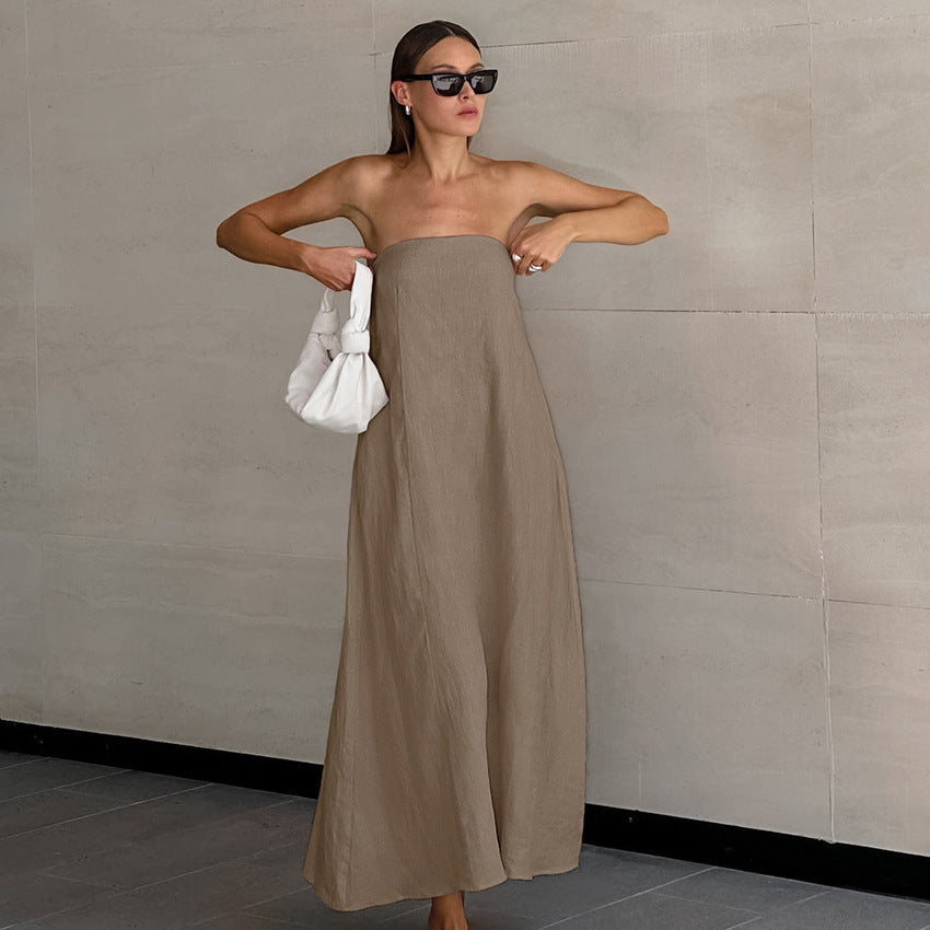 Flowering Girl Women cotton linen strapless A-line midi dress