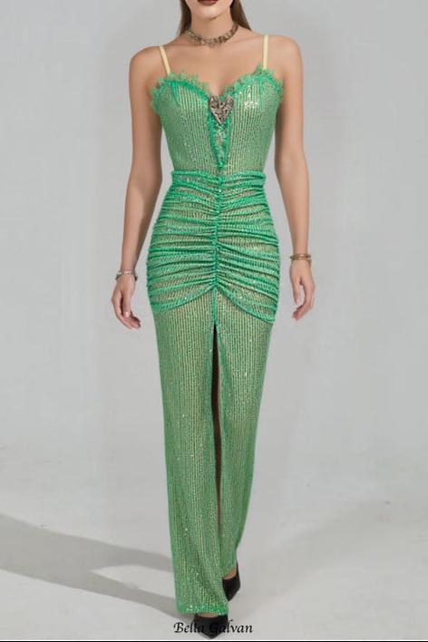 bertha high slit pleated sequin maxi dress in green