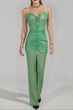 Bertha High Slit Pleated Sequin Maxi Dress In Green