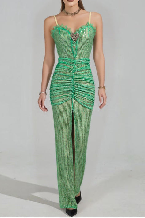 Flowering Girl Women Bertha High Slit Pleated Sequin Maxi Dress In Green
