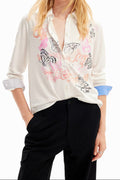 White Butterfly Print Button-Down Shirt with Striped Cuffs