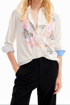 White Butterfly Print Button-Down Shirt with Striped Cuffs