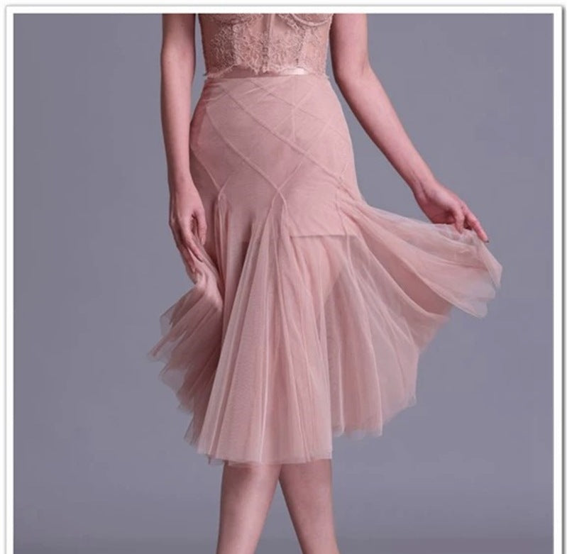 Flowering Girl Women floral dentelle off-shoulder bustier corset net skirt set in pink