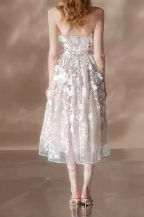Flowering Girl Women Anna Crystal Floral Embroidery Midi Dress In White