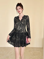 Sabrina Black Lace Hollow Long Sleeve a-Line Mini Dress