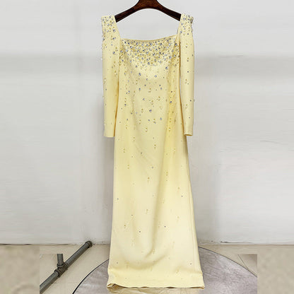 purple square neck long sleeve nail bead diamond maxi dress