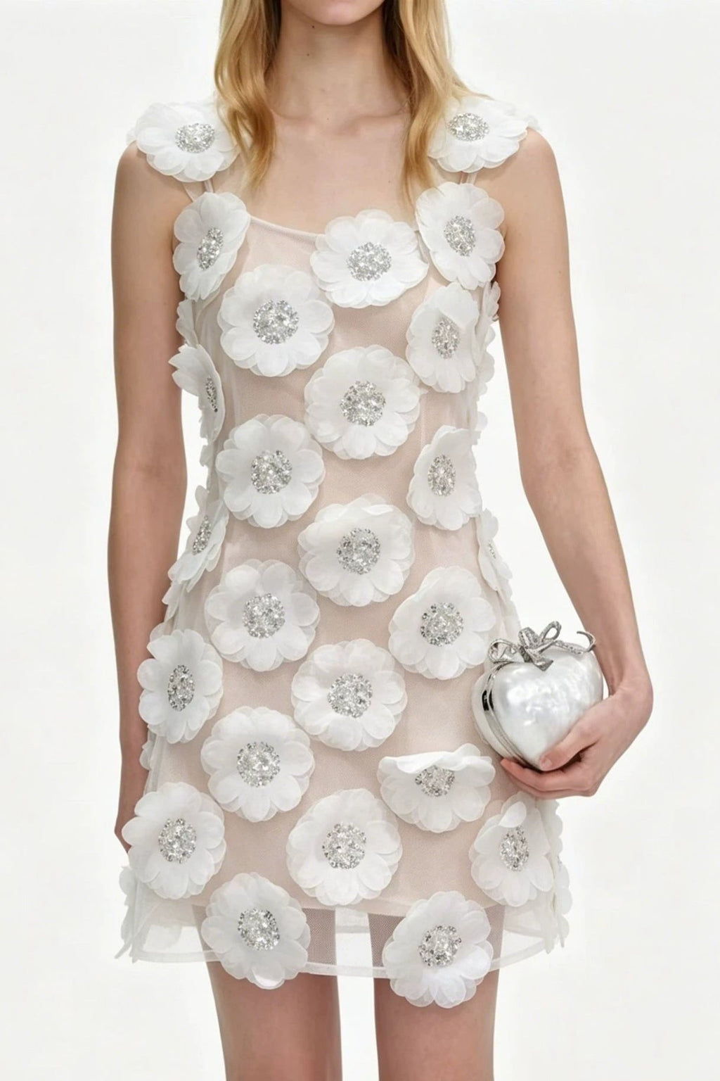 Flowering Girl Women lola Rhinestone 3D Flowers mini dress - white