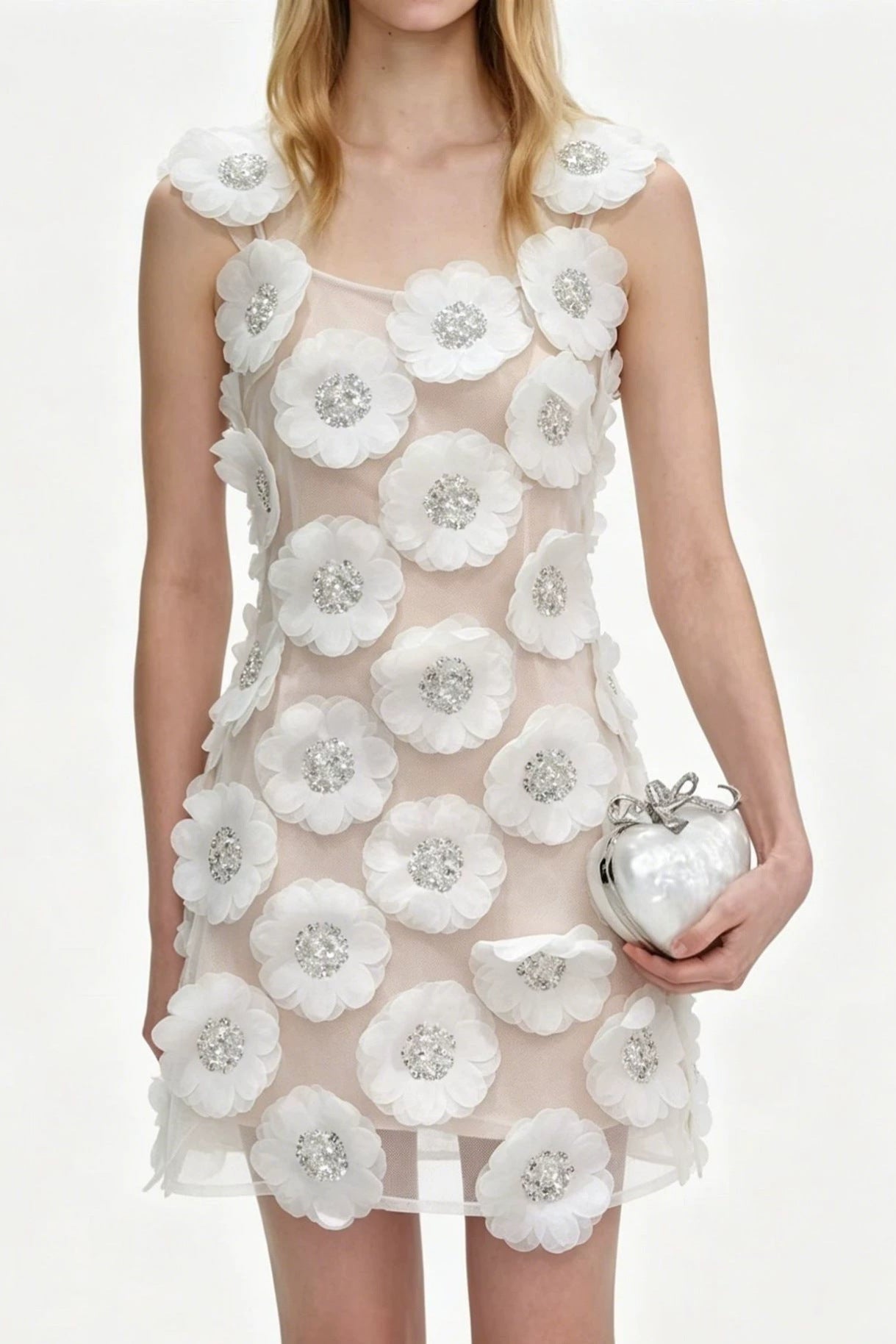 Flowering Girl Women lola Rhinestone 3D Flowers mini dress - white