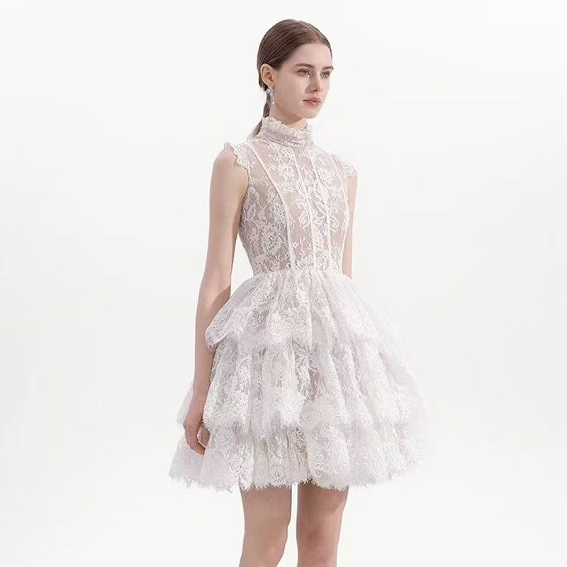 Sleeveless Stand Collar Lace Tutu Mini Dress In White