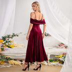 Flowering Girl Women Slit Velvet Off-Shoulder Spaghetti Strap Dress