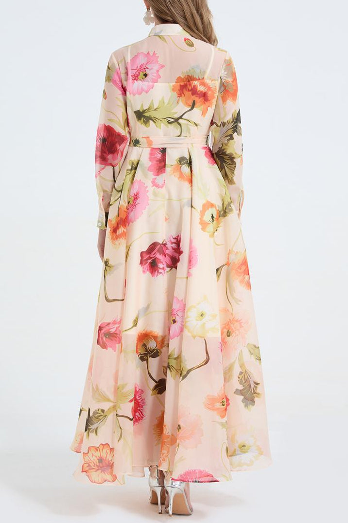 Dolores Colorful Floral Print Shirt Collar Maxi Dress