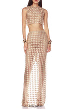 apricot Sheer plaid fishtail maxi skirt two piece of set