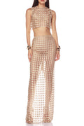 Flowering Girl Women Apricot Sheer Plaid Fishtail Maxi Skirt Two Piece Of Set