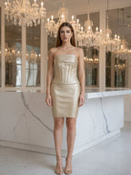 lauren pleated strapless back slit mini dress in gold