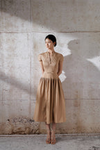 Flowering Girl Women Emily v-Neck Pleated Midi Dress In Khaki