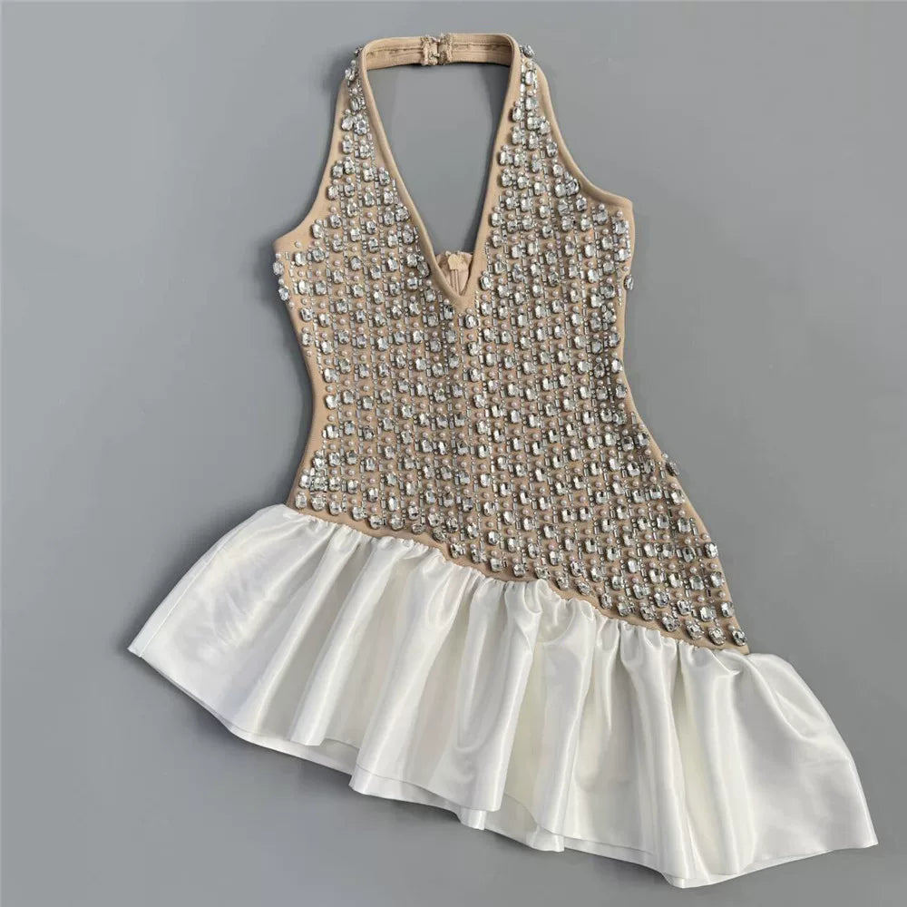 Flowering Girl Women Rhinestone Mesh Halter Ruffle Satin Mini Dress