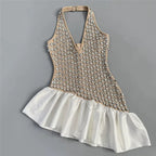 Flowering Girl Women Rhinestone Mesh Halter Ruffle Satin Mini Dress