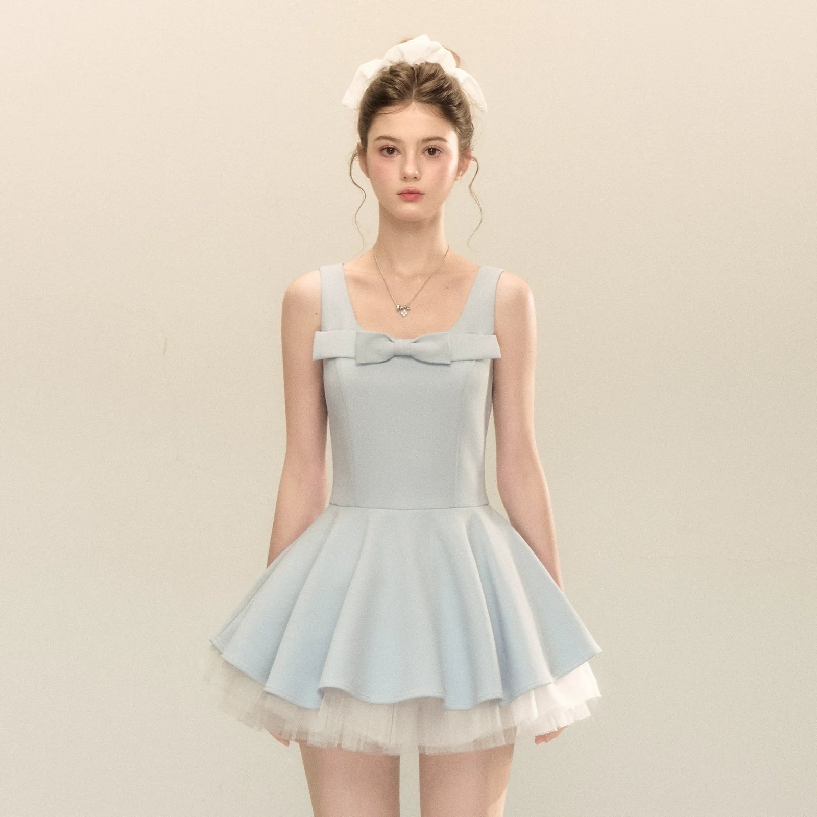 Spliced Mesh Puffy Mini Dress