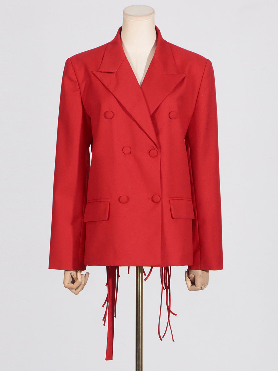 Flowering Girl Women Vienna Cutout Fringe Backless Blazer In Red