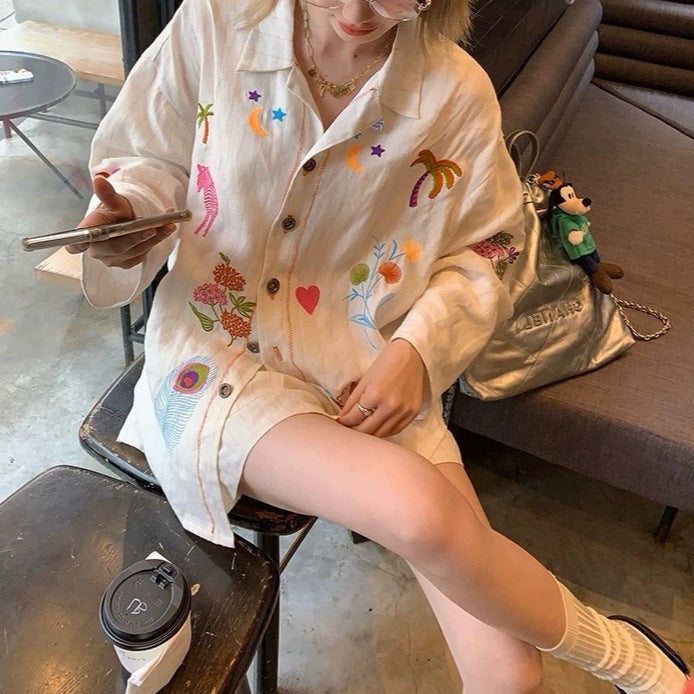 Flowering Girl Women White embroidery cotton linen long sleeve shirt