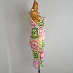 Pink & Green Granny Square Crochet Mini Dress