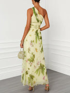 Flowering Girl Women print sleeveless maxi dress with slanted neckline -Champagne-green