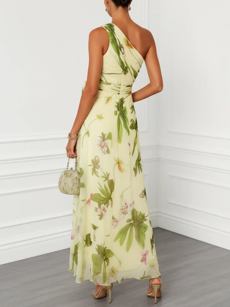 Flowering Girl Women print sleeveless maxi dress with slanted neckline -Champagne-green