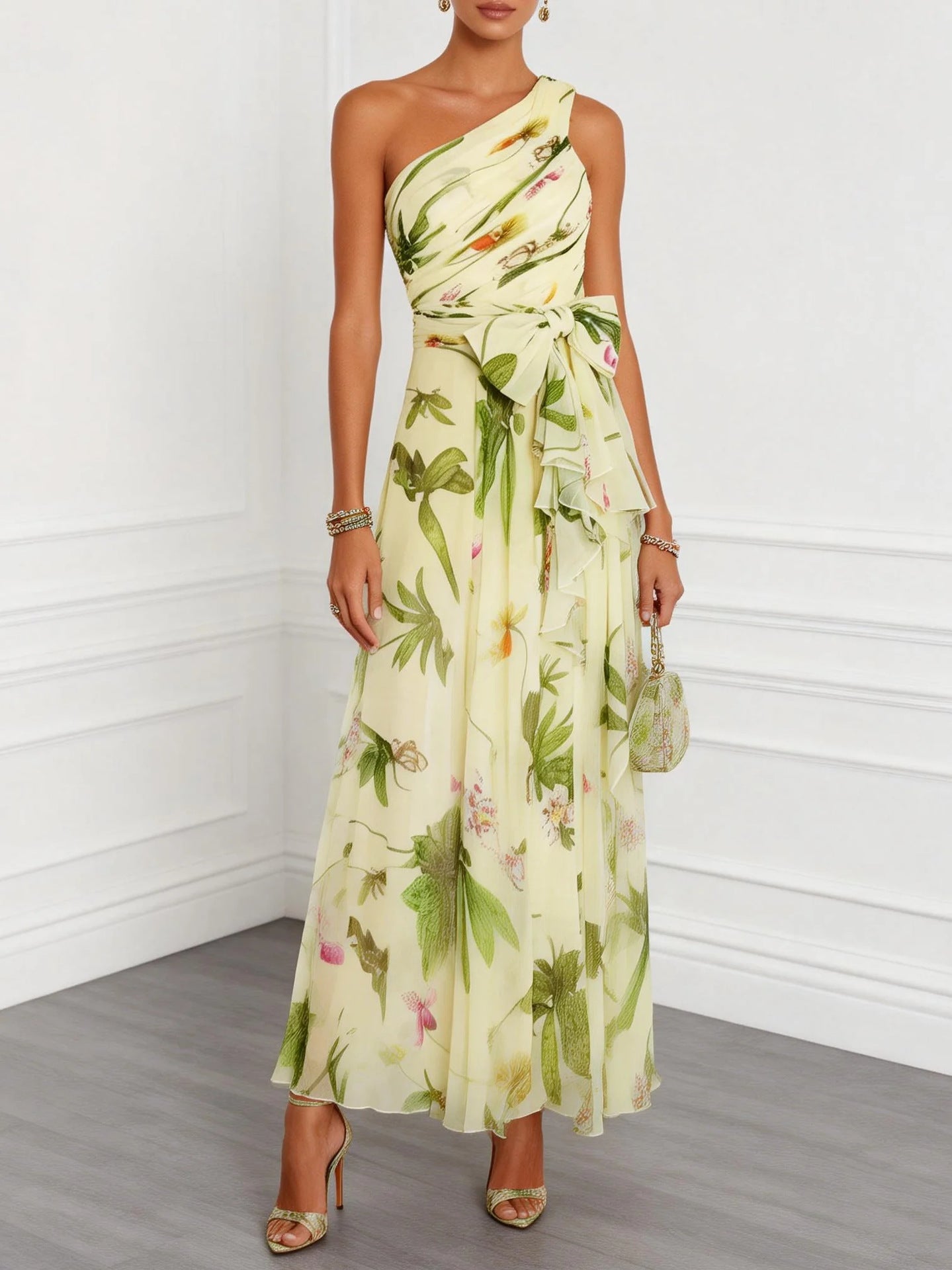 Flowering Girl Women print sleeveless maxi dress with slanted neckline -Champagne-green
