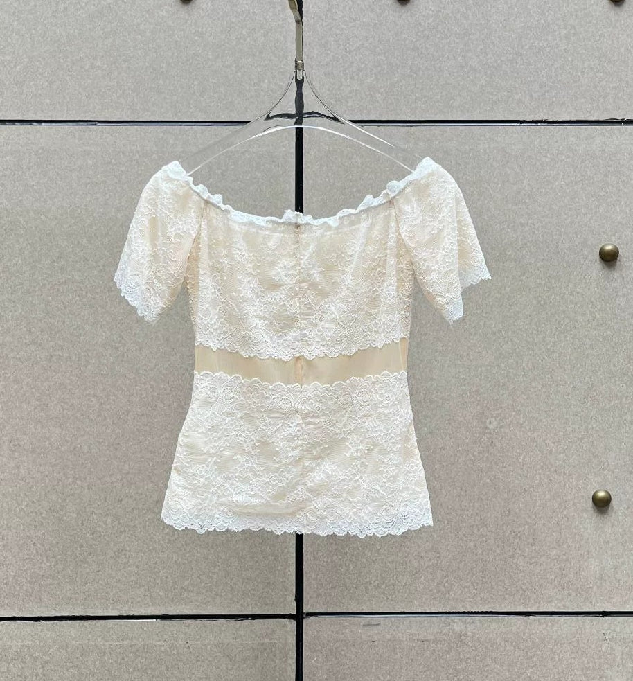Flowering Girl Women Off Shoulder Sheer Lace Cutout Crop Top