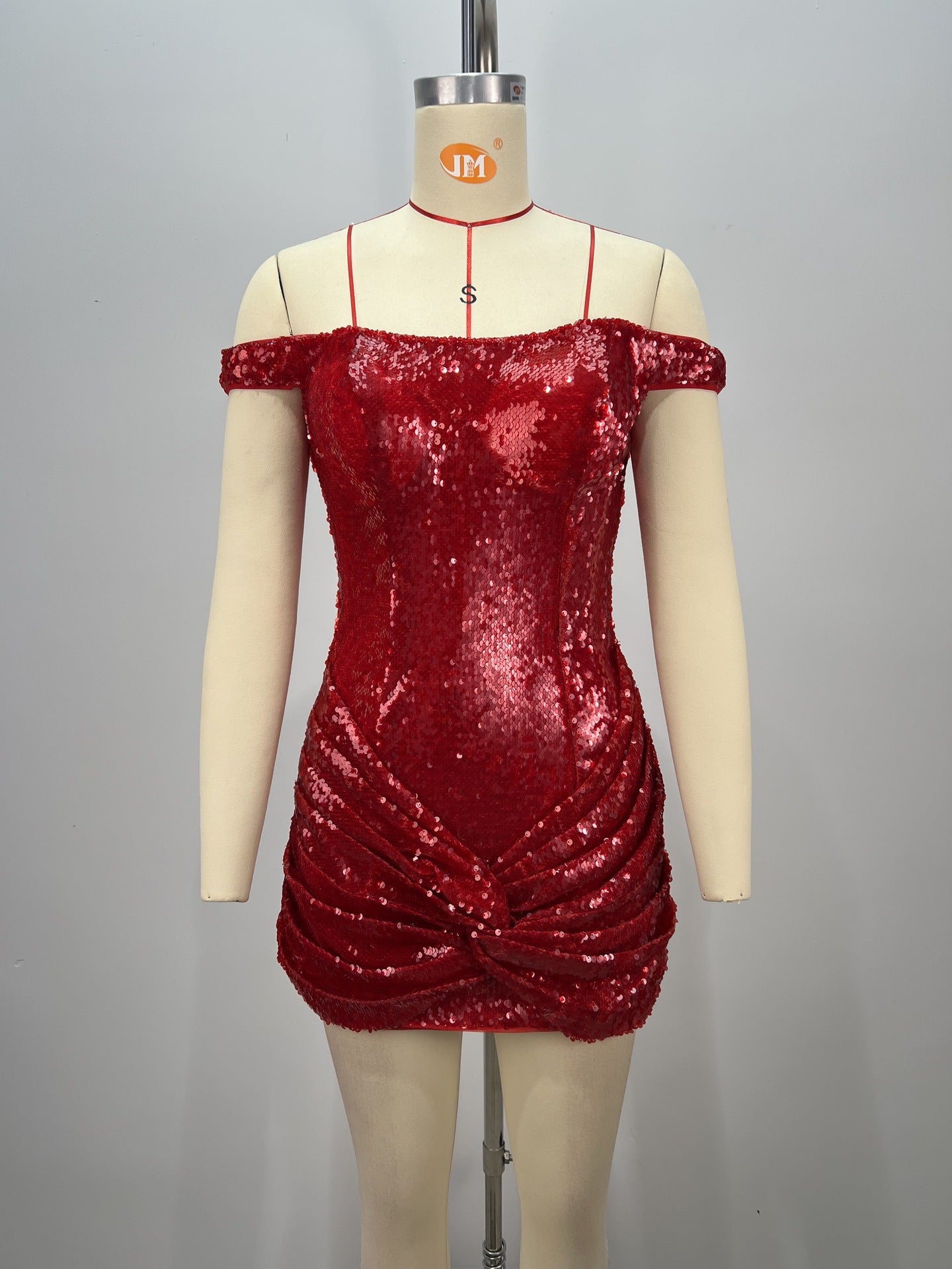 Juliet Sequin Ruched Beaded Strapless Bodycon Mini Dress In Red