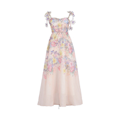 Pastel Floral Print Spaghetti Strap Midi Dress with 3D Flower Appliqués