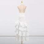 hazel white Deep V-neck halterneck layer ruffle trim maxi dress