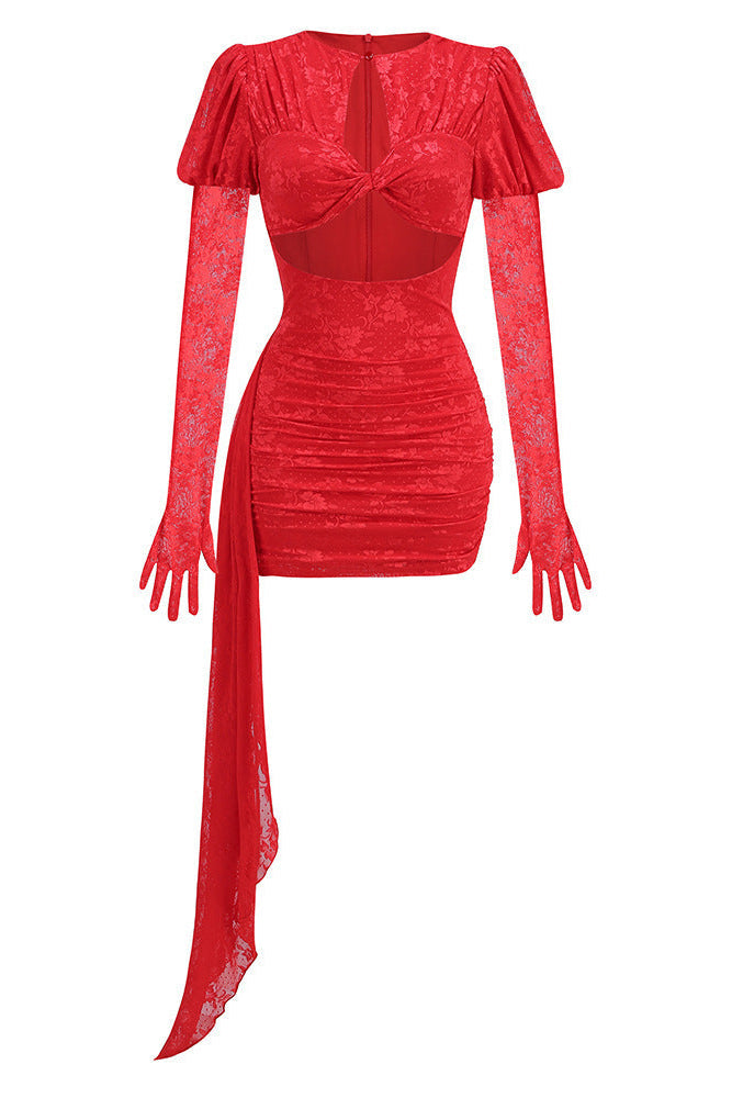 Dariel Floral Jacquard Cutout Draped Mini Dress - Red