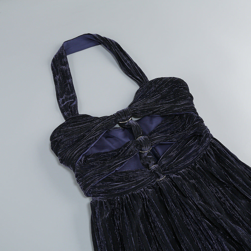Flowering Girl Women Bonnie Halter Pleated Cutout Maxi Dress In Navy Blue