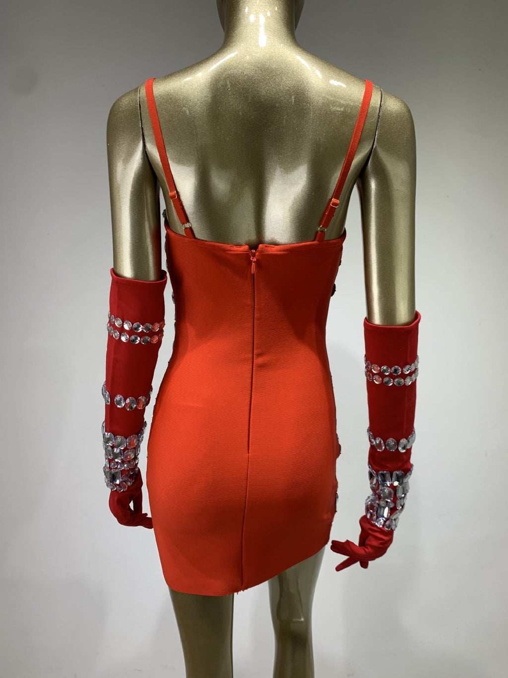 Flowering Girl Women CRYSTAL EMBELLISHED BANDAGE DRESS WITH GLOVES IN RED