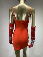 Flowering Girl Women CRYSTAL EMBELLISHED BANDAGE DRESS WITH GLOVES IN RED