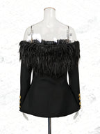 black Off-shoulder feather metal buckle decoration blazer mini dress