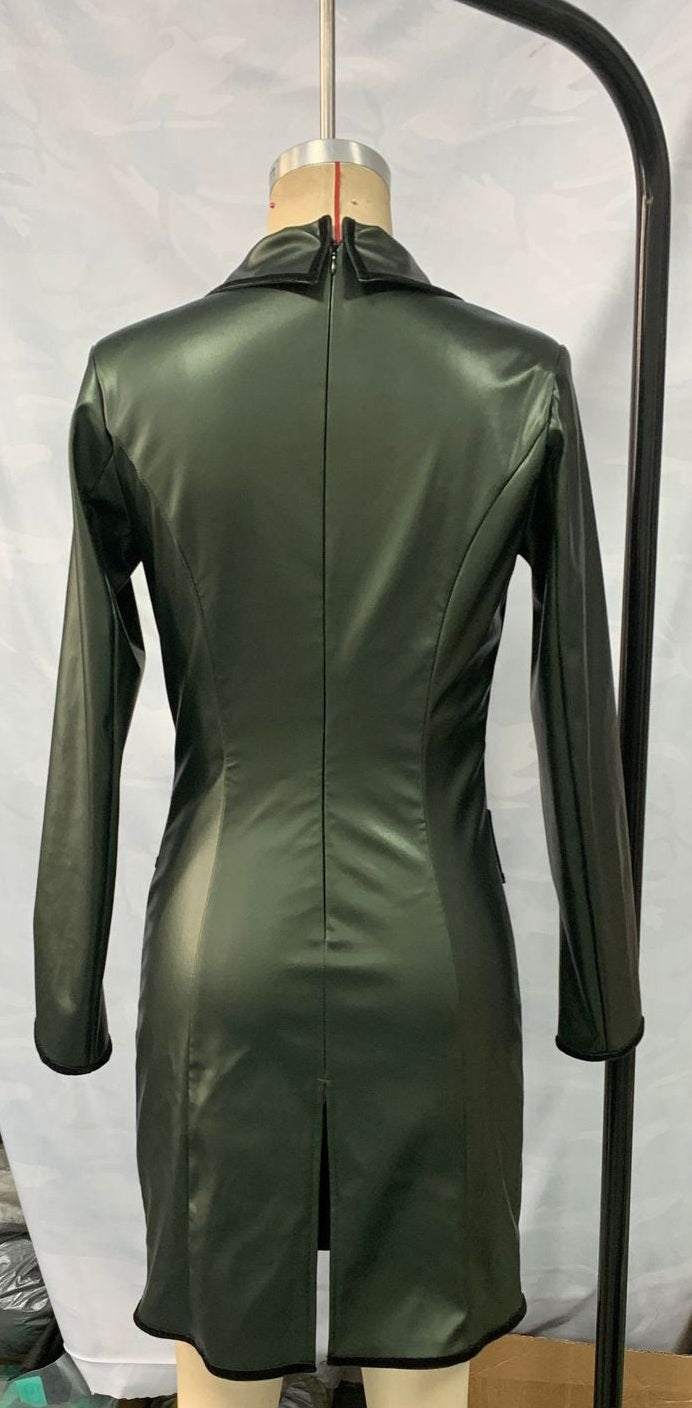 Flowering Girl Women Green Lapel Long Sleeve Dress