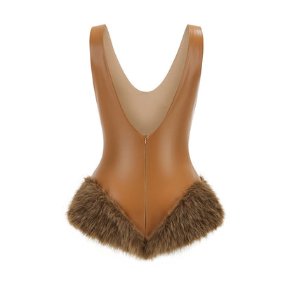 ashley v-neck leather fur trim mini dress in brown