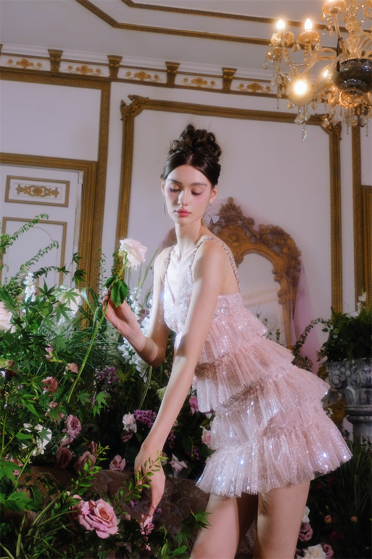 Pink Sleeveless Sequin Layer Ruffle Short Dinner Dress