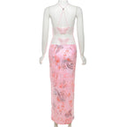 Printed Strappy Butterfly Backless Plunge Sheath Slip Maxi Dress