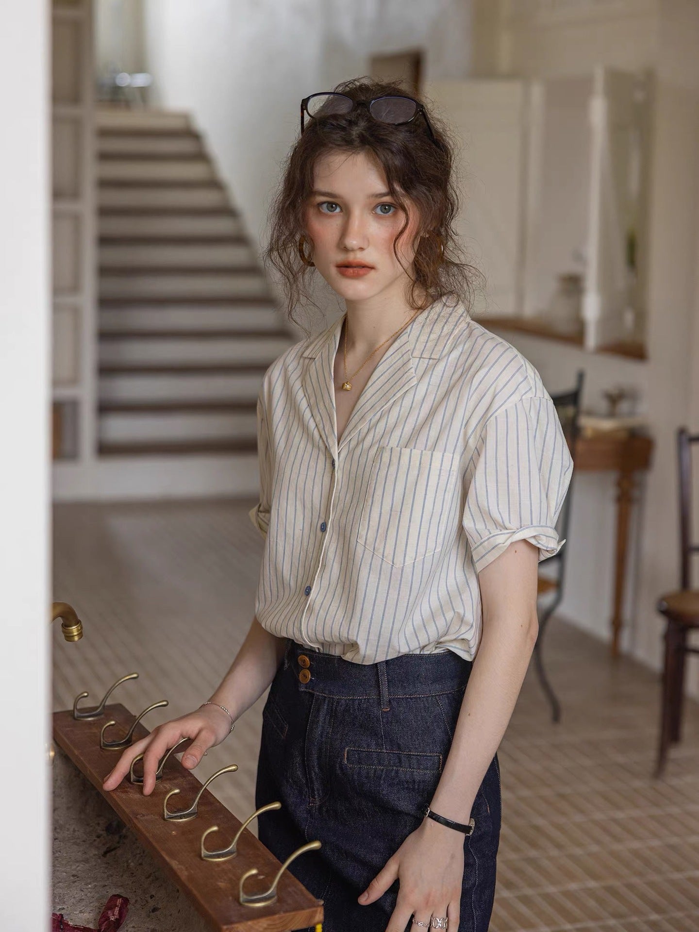 Flowering Girl Women striped texture cotton-linen short collar shirt