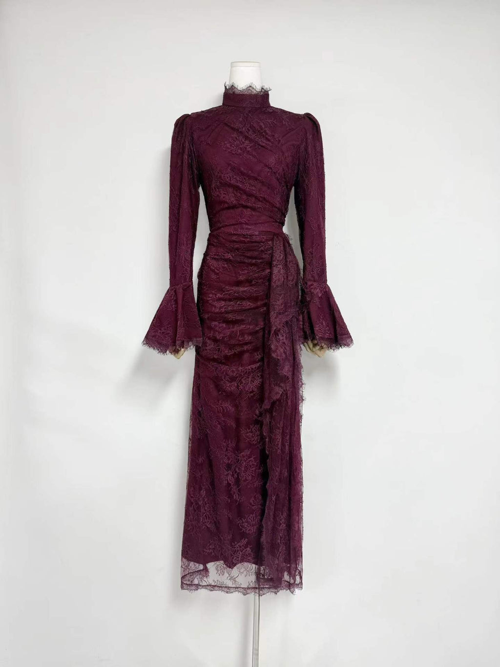 Flowering Girl Women victoria Long lantern sleevelace-trim maxi dress - burgundy
