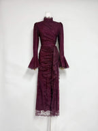Flowering Girl Women victoria Long lantern sleevelace-trim maxi dress - burgundy