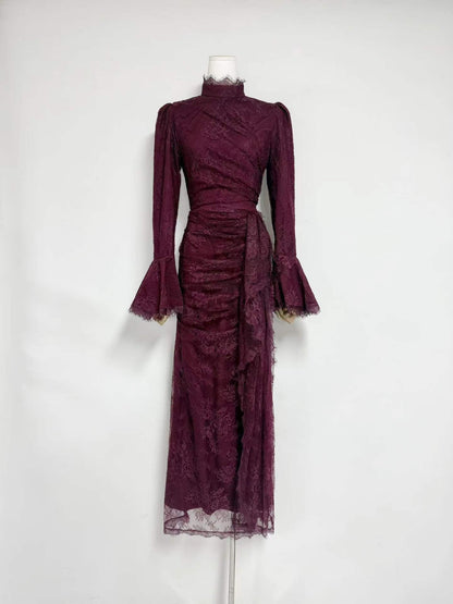 victoria Long lantern sleevelace-trim maxi dress - burgundy
