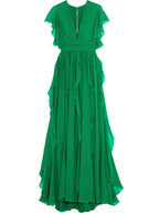 Green V-Neck Ruffle Maxi Dress