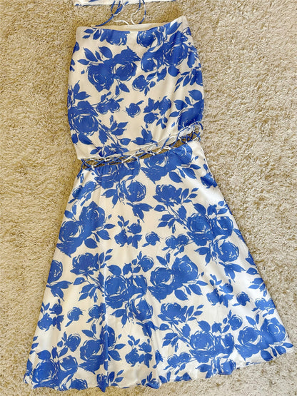 Sleeveless Tie Crop Top & Midi Skirt Floral Two-Piece Set